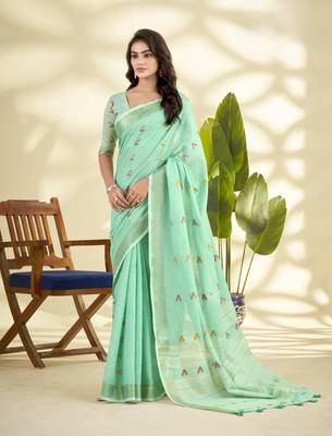  GREEN linen silk blend butti weaving work SAREE 1