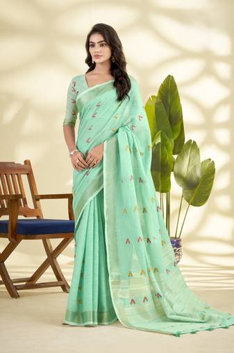  GREEN linen silk blend butti weaving work SAREE
