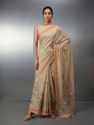 beige soft muga cotton with weaving saree 1
