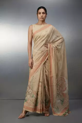 beige soft muga cotton with weaving saree
