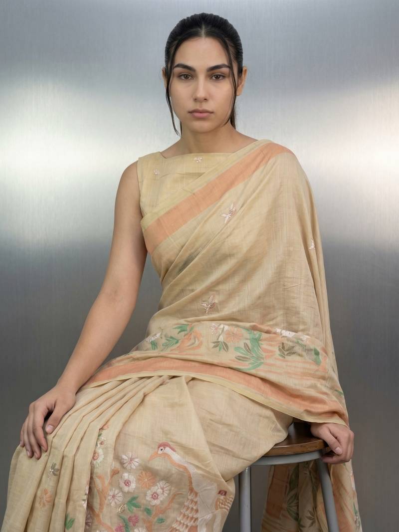 beige soft muga cotton with weaving saree