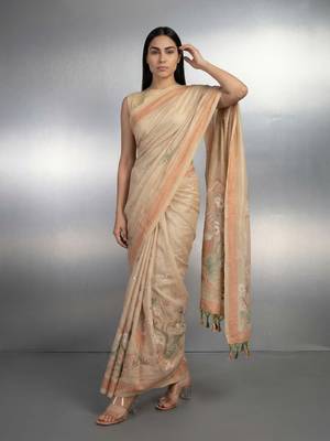 beige soft muga cotton with weaving saree 3