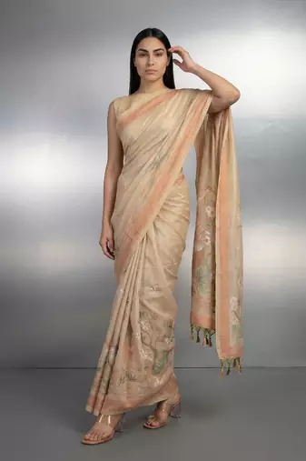 beige soft muga cotton with weaving saree