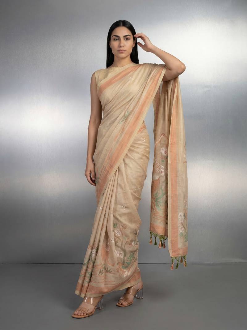 beige soft muga cotton with weaving saree