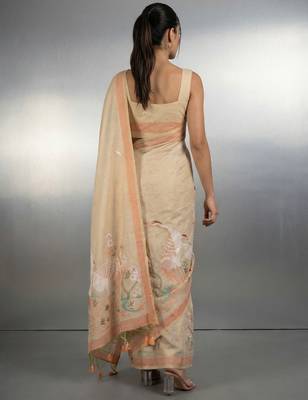 beige soft muga cotton with weaving saree 4