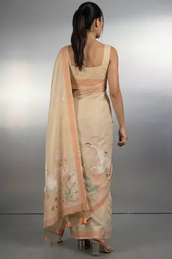 beige soft muga cotton with weaving saree