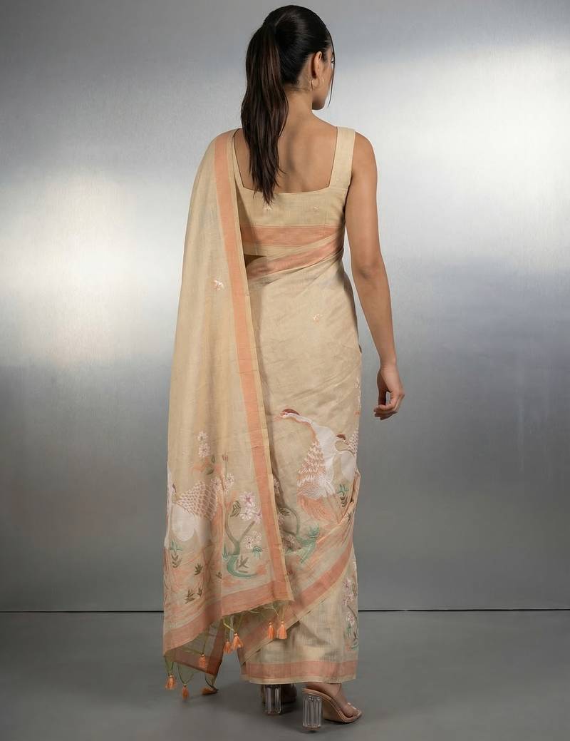 beige soft muga cotton with weaving saree