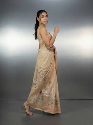 beige soft muga cotton with weaving saree 5
