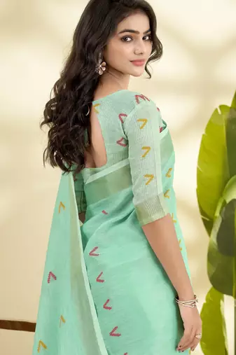  GREEN linen silk blend butti weaving work SAREE