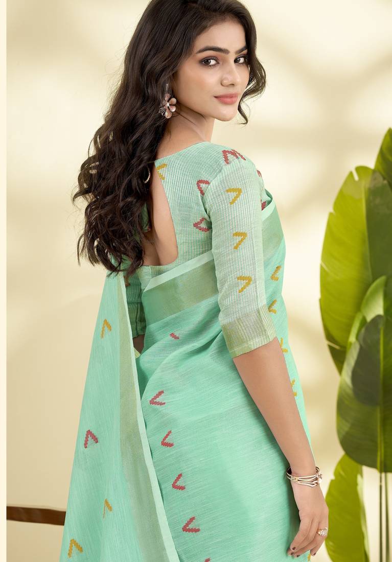  GREEN linen silk blend butti weaving work SAREE