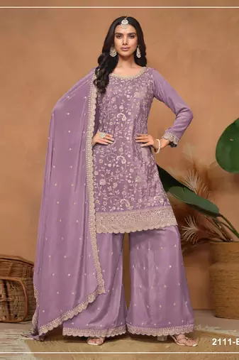 Light purple embroideried pallazo set with dupatta semi stitched