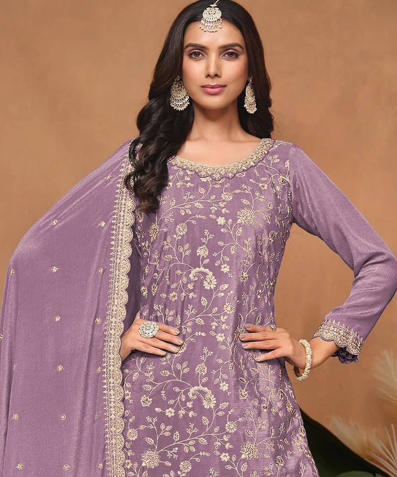 Light purple embroideried pallazo set with dupatta semi stitched