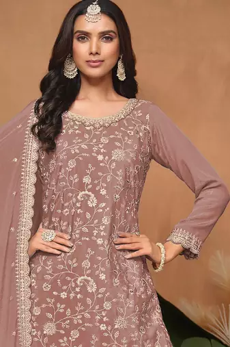 Peach embroidered pallazo set with dupatta 