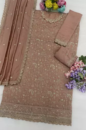 Peach embroidered pallazo set with dupatta 