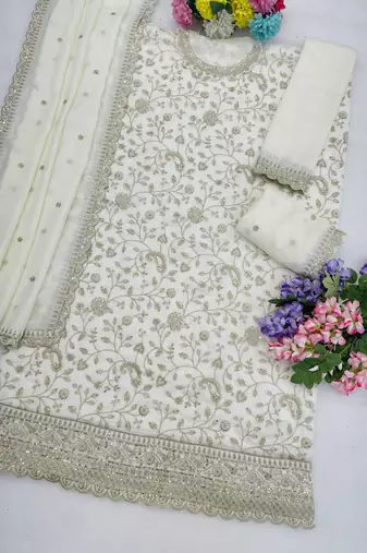 Cream embroidered pallazo set with dupatta 
