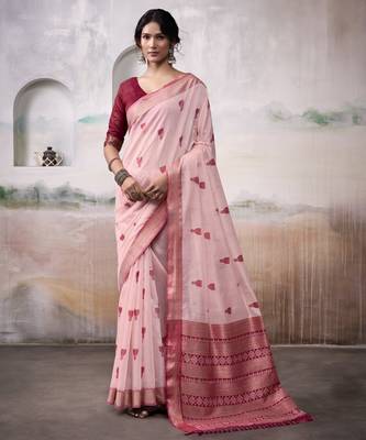 PINK linen silk blend butti weaving work SAREE 1