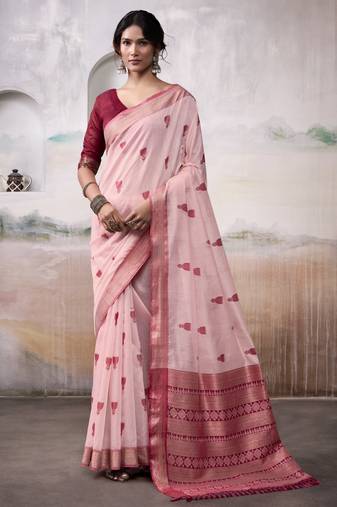 PINK linen silk blend butti weaving work SAREE