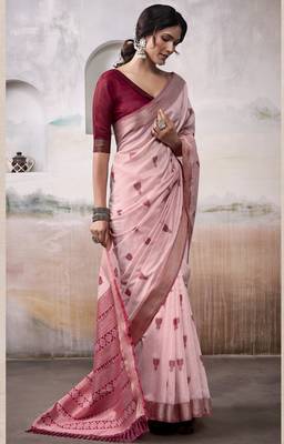 PINK linen silk blend butti weaving work SAREE 2