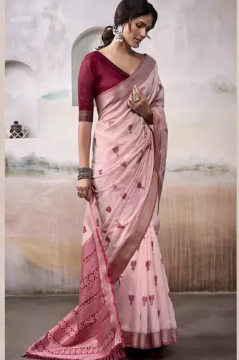 PINK linen silk blend butti weaving work SAREE