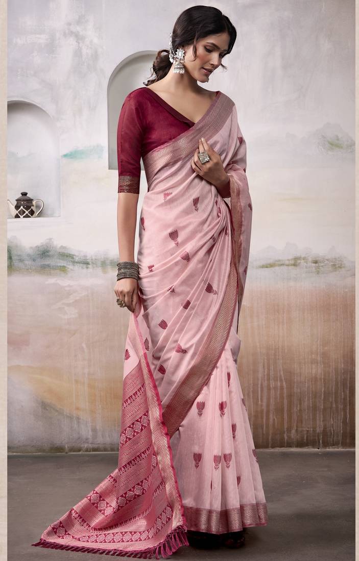 PINK linen silk blend butti weaving work SAREE
