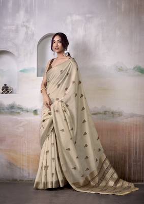 BROWN linen silk blend butti weaving work SAREE 1
