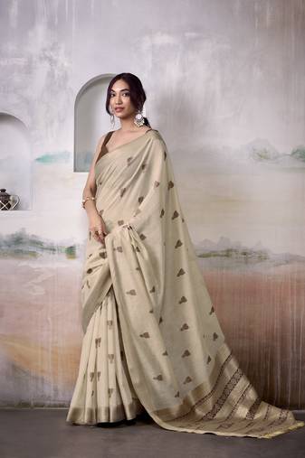 BROWN linen silk blend butti weaving work SAREE