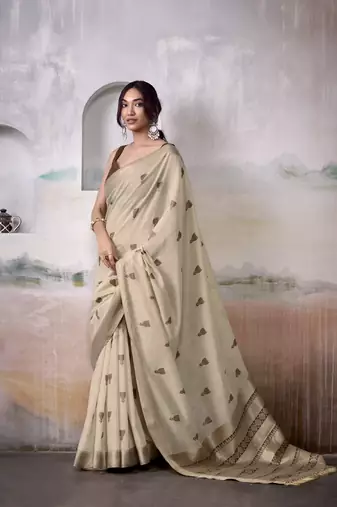 BROWN linen silk blend butti weaving work SAREE