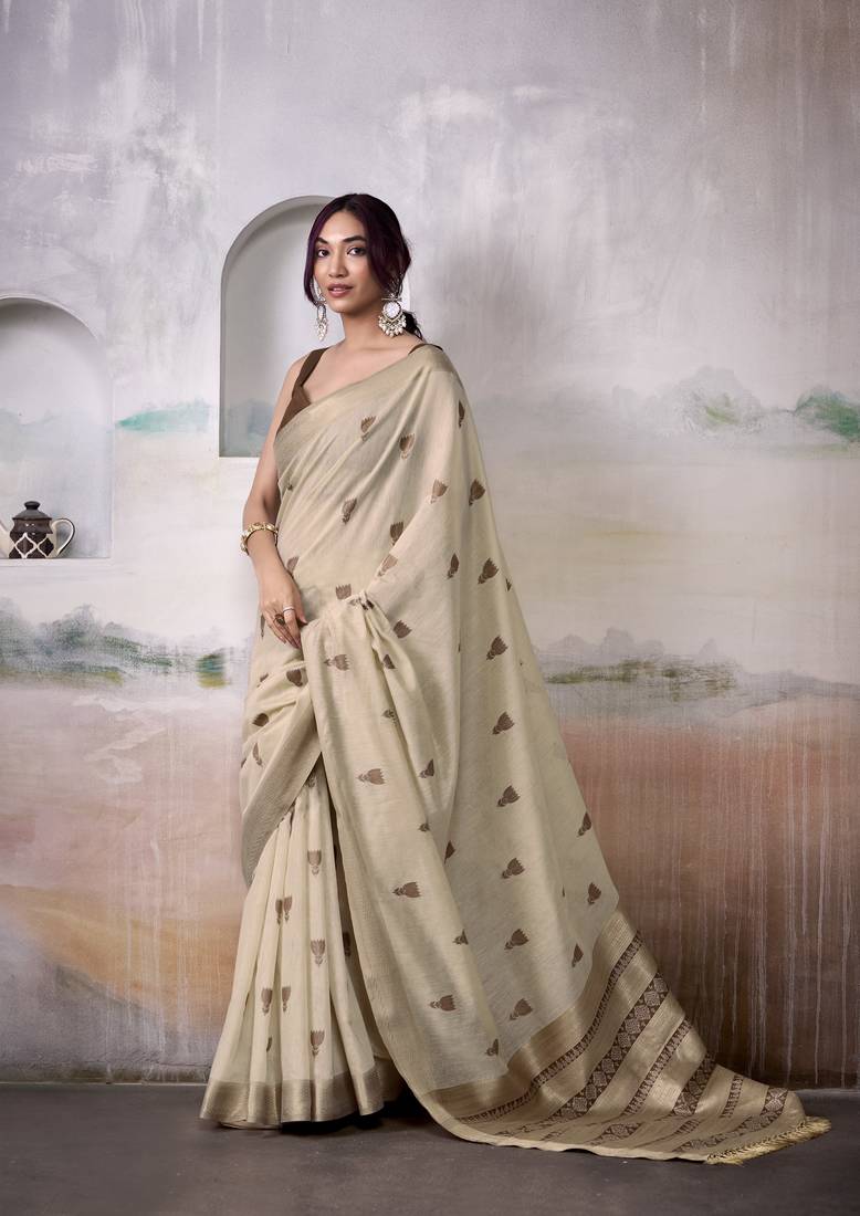 BROWN linen silk blend butti weaving work SAREE