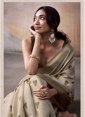 BROWN linen silk blend butti weaving work SAREE 2