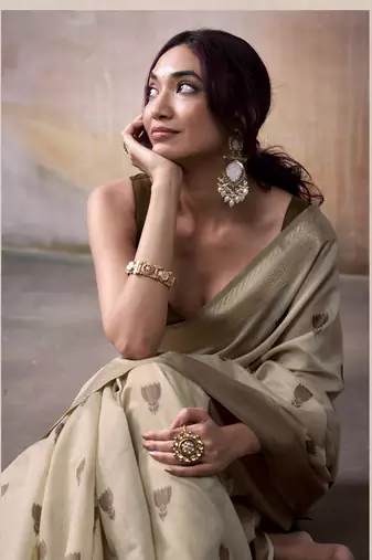 BROWN linen silk blend butti weaving work SAREE