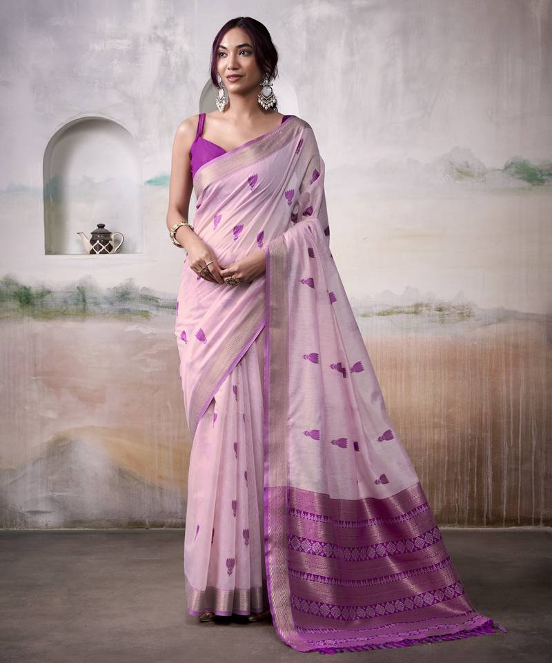 PURPLE linen silk blend butti weaving work SAREE