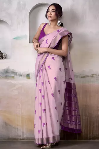 PURPLE linen silk blend butti weaving work SAREE