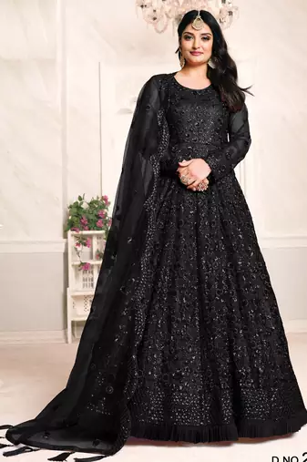 BLACK COLOR TONE THREAD WORK NET GOWN 