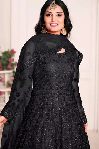 BLACK TONE THREAD WORK NET GOWN 