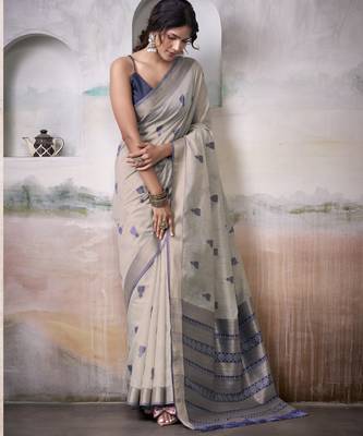 GREY linen silk blend butti weaving work SAREE 1