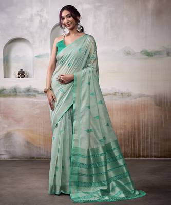 GREEN linen silk blend butti weaving work SAREE 1