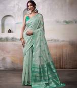 GREEN linen silk blend butti weaving work SAREE