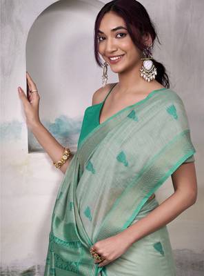 GREEN linen silk blend butti weaving work SAREE 2