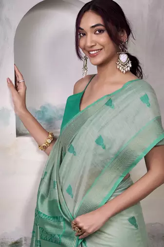 GREEN linen silk blend butti weaving work SAREE