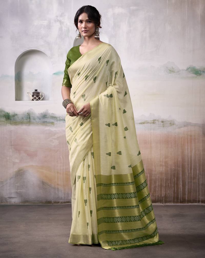 OLIVE linen silk blend butti weaving work SAREE 