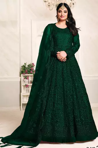 GREEN COLOR TONE THREAD WORK NET DESIGN GOWN