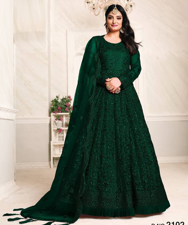 GREEN COLOR TONE THREAD WORK NET DESIGN GOWN