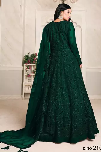 GREEN TONE THREAD WORK NET DESIGN GOWN