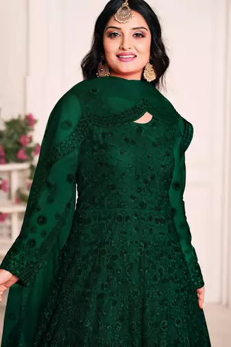 GREEN TONE THREAD WORK NET DESIGN GOWN