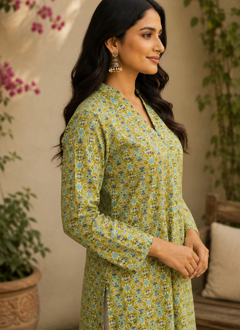 LIGHT GREEN  REYON WITH DIGITAL PRINTED STYLISH WEAR KURTI 