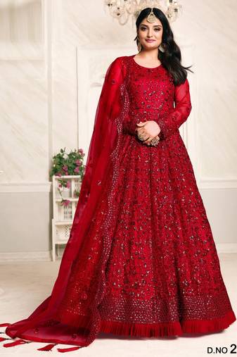 RED COLOR TONE THREAD WORK NET GOWN
