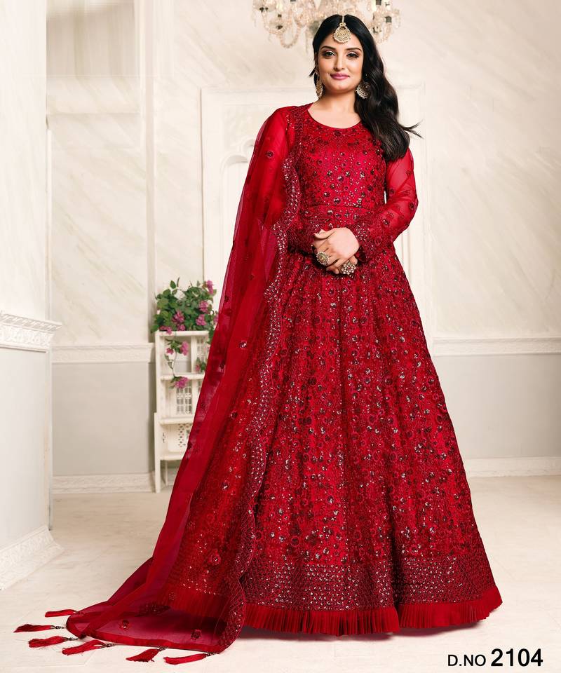 RED COLOR TONE THREAD WORK NET GOWN