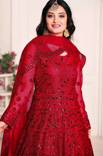 RED TONE THREAD WORK NET GOWN