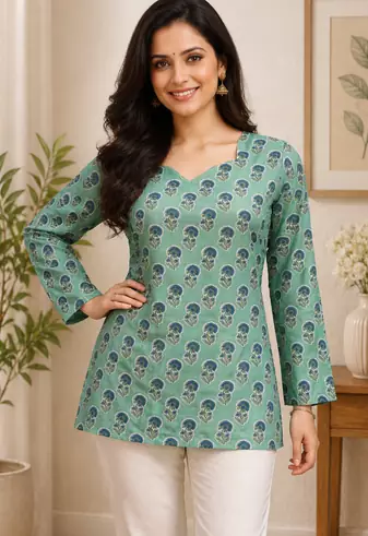 SEA GREEN  REYON WITH DIGITAL PRINTED STYLISH WEAR KURTI 