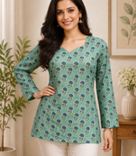SEA GREEN  REYON WITH DIGITAL PRINTED STYLISH WEAR KURTI 
